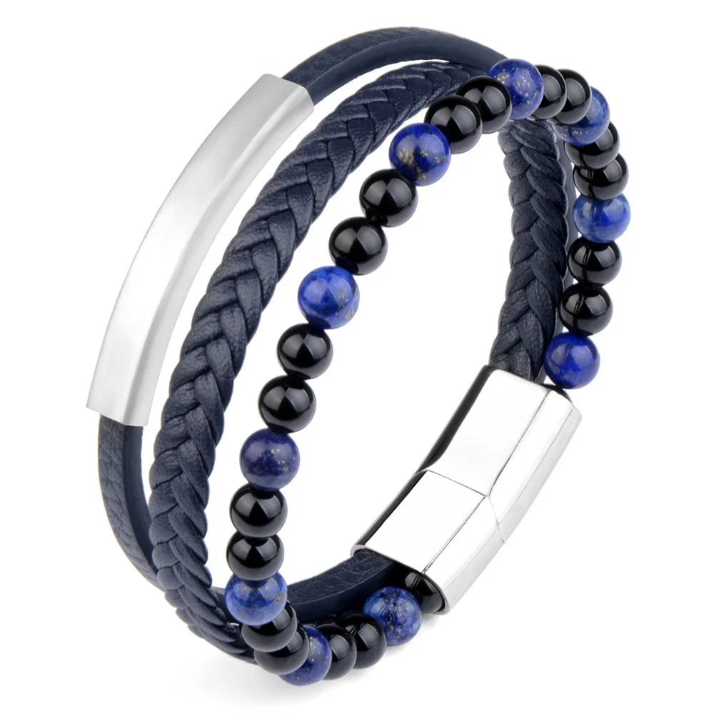 Stainless Steel Buckle Punk Lapis Lazuli Agate Beads Laser Logo Name Bracelet