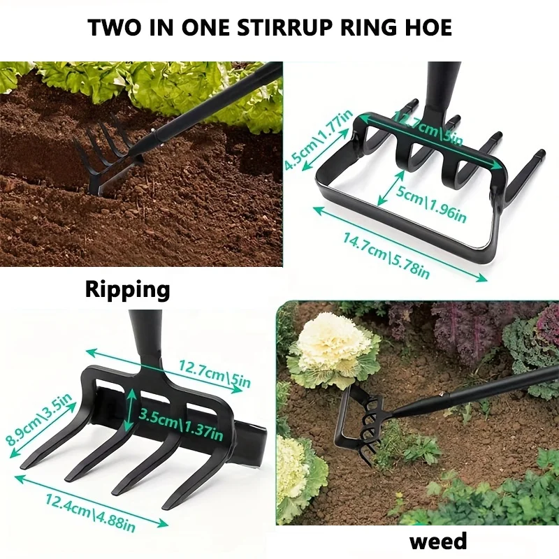 2 In 1 Heavy Duty Action Adjustable Handle Stainless Steel 6 Tines Rake Stirrup Hoe With For Weeding