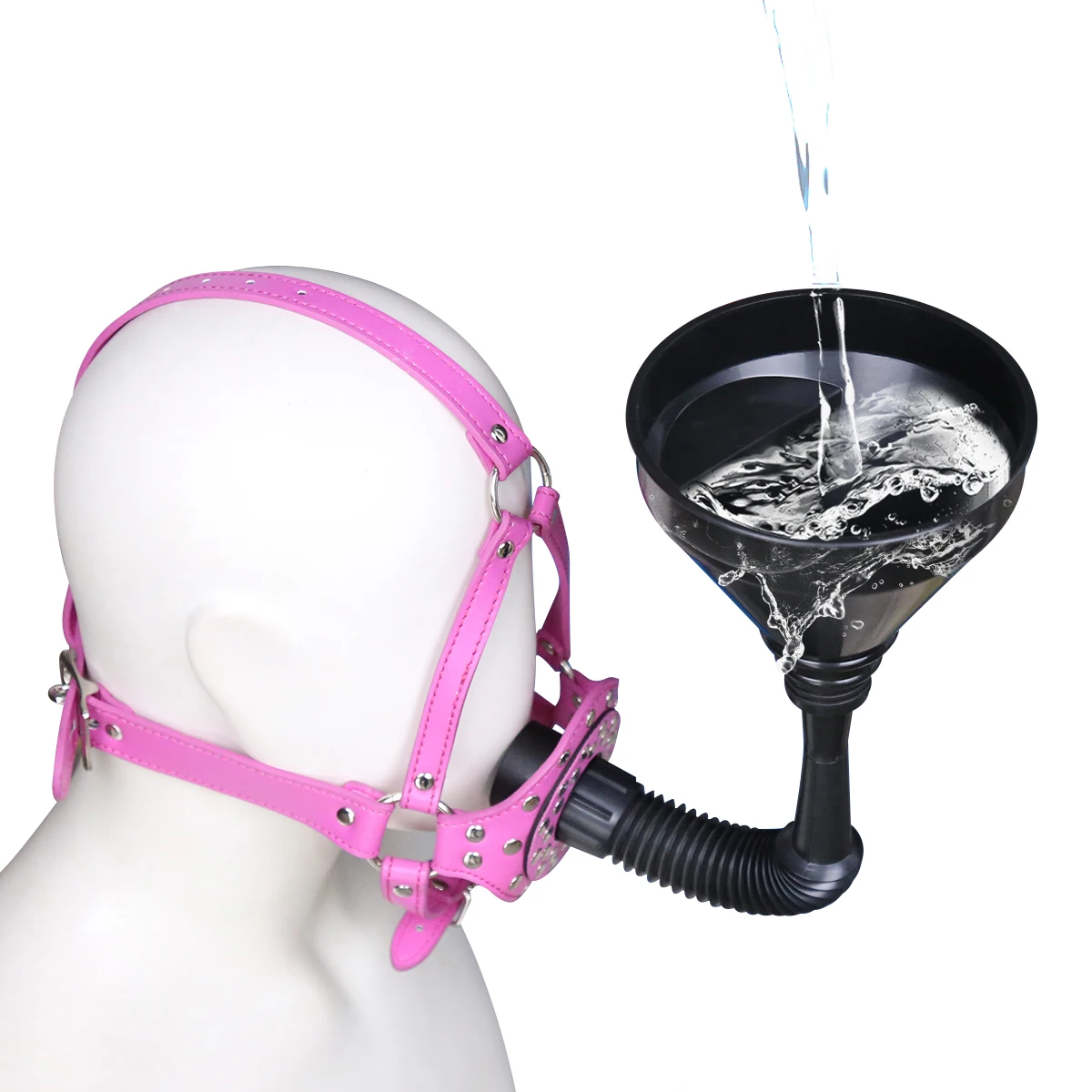 Head Harness Strap Toilet Lid Gag with Funnel PU Leather Funnel Oral Enema Drool Plug Gag Head Harness Bondage Adult Game