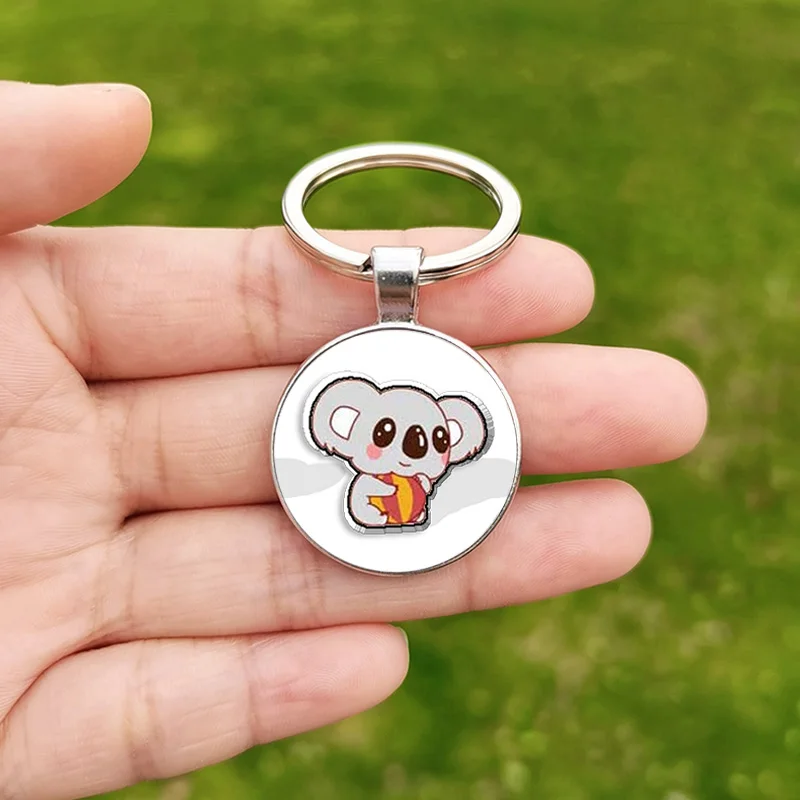 Cartoon Koala Keychain for Women Children Lovely Animal Heart Photo Glass Cabochon Pendant Metal Key Ring Chains Christmas Gift