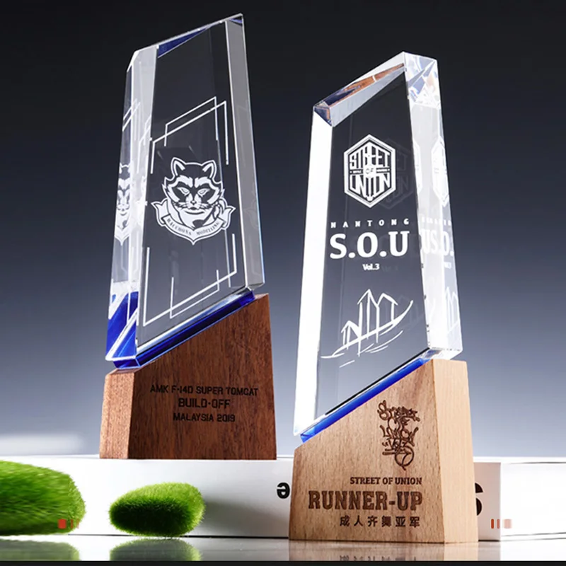 custom logo  K9 Crystal  Metal Material  souvenir  Conference trophy Solid wood crystal trophy crystal trophy
