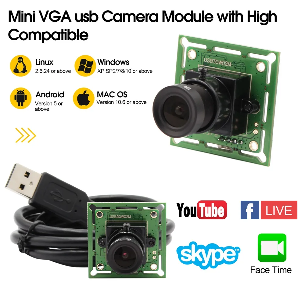 ELP VGA Camera USB External 640X480 MJPEG CMOS OV7725  Webcam Super Mini HD Camera Module 60fps With 32x32/26x26 size