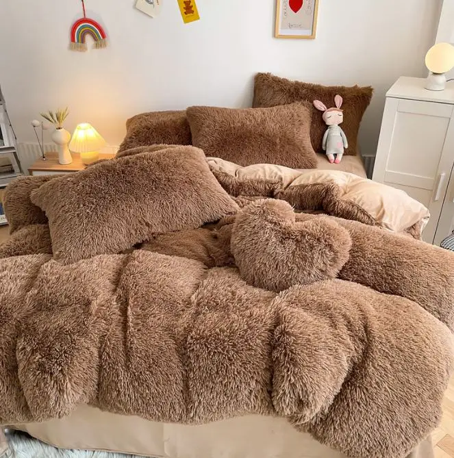Grey Fluffy Comforter Cover Bed Set Faux Fur Fuzzy Duvet Cover Set Luxury Ultra Soft Plush Shaggy Duvet Cover 3 Pieces
