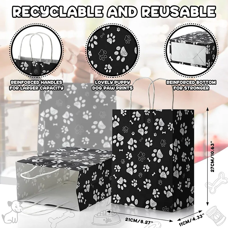 Dog Paw Print Customized Kraft Paper Bags Twist Handle Paper Bags with Handles Dog Treat Goodie Bags for Pet
