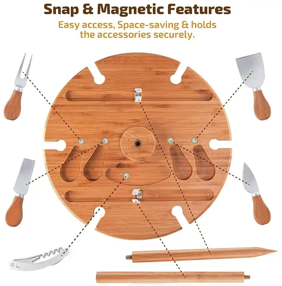 Natural Bamboo Outdoor Portable Beach Table for Sand and Grass Wine Snack Cheese Tray with 4 Serving Utensils Picnic Board