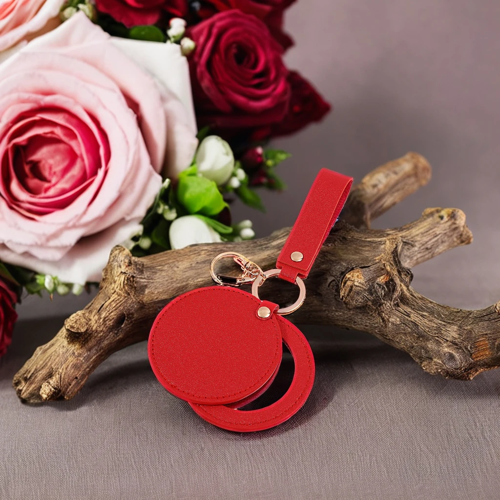 Round Pu Leather Makeup Mirror Keychain Carry-on Rotating Leather Mini Mirror for Travel Portable Keychain with Mirror