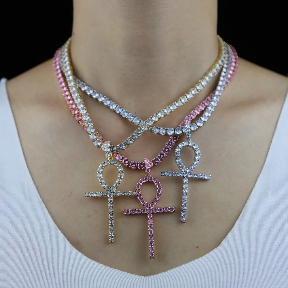 Trendy Design Iced Out Ankh Cross Pendant Necklace Micro Pave 5A Cubic Zirconia Cz Tennis Rope Chain Bling Women Jewelry