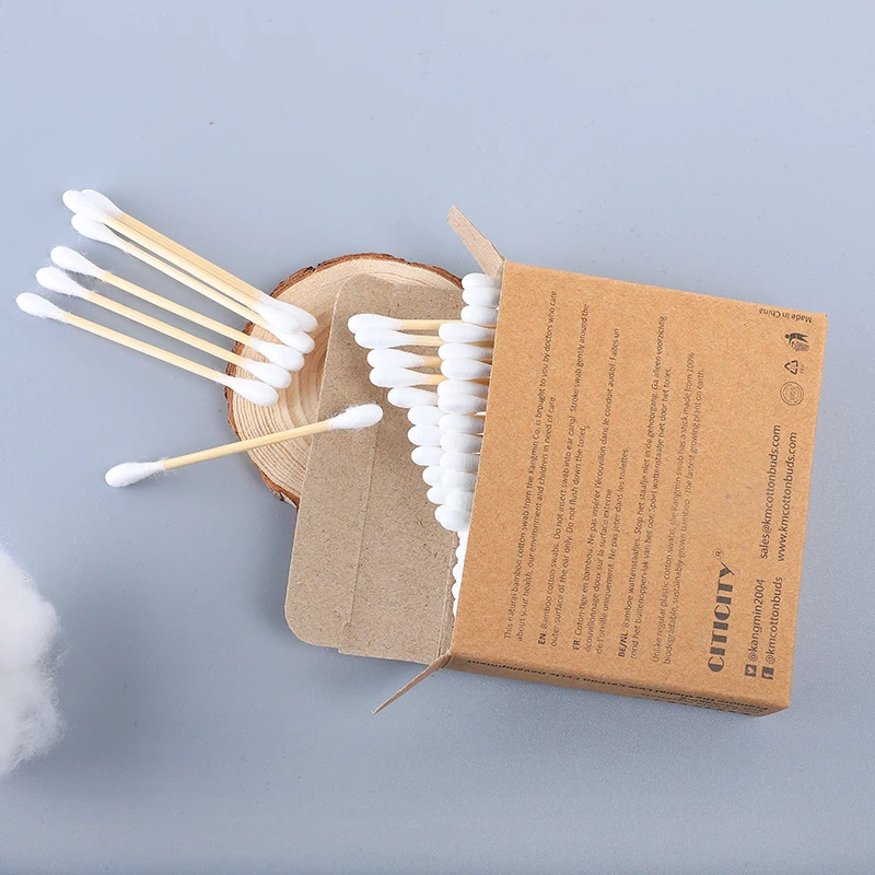 Custom Made 100PCS 100% eco friendly  bamboo Stick Cotton Swabs Double Round Head