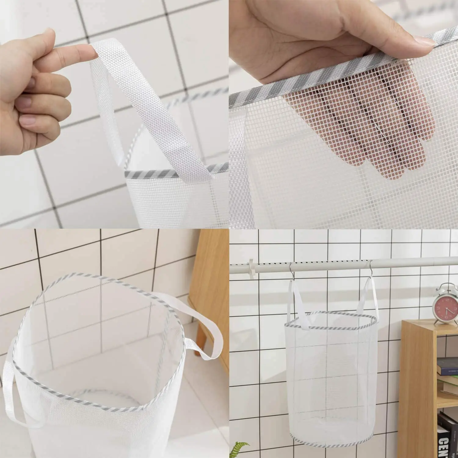 Mesh Laundry Hamper Hanging Collapsible Dirty Clothes Bag Laundry Basket with Durable Handles