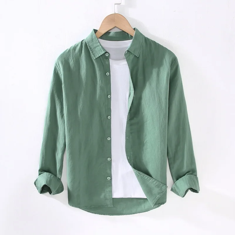 Linen Shirt Men Cotton Button Turn Down Collar Natural Linen Casual Shirts