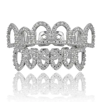  New Bling Gold Color Plated 6 Opened Teeth Grills Costume Hollow Dracula Fangs Set Micro Pave CZ Stones Top Bottom