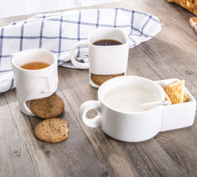 Wholesale ceramic cookie holder mug plain white breakfast milk coffee cookie cup biscuit coffee mugs