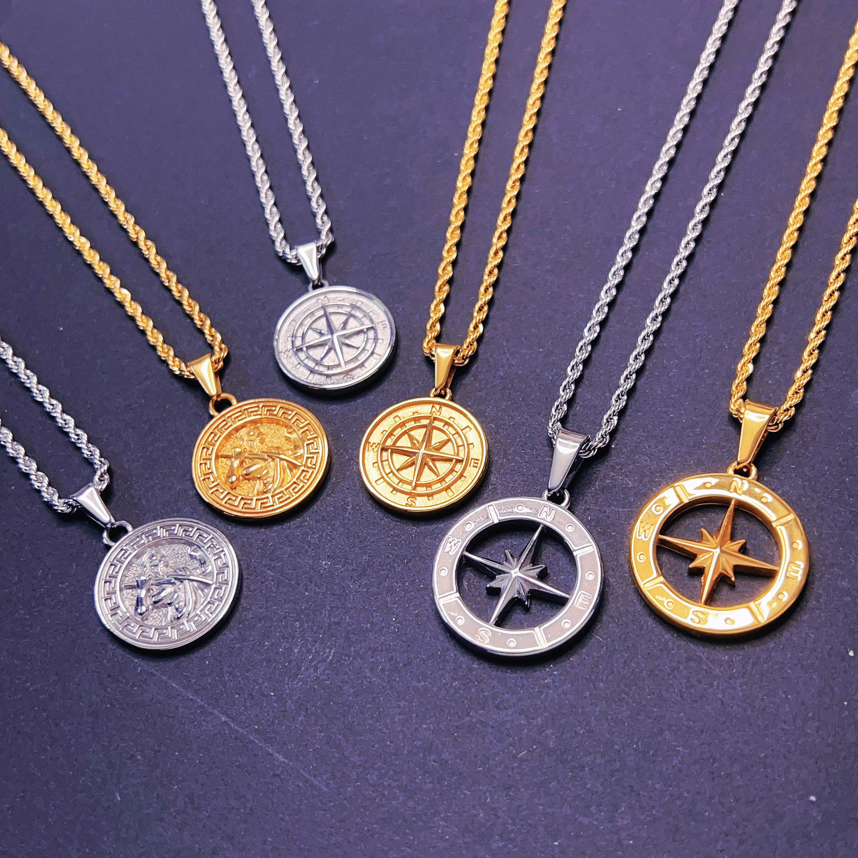 Custom Fashion Fine Jewelry Medallion Compass Stainless Steel Greek Coin 18K Gold Plated Gold Pendant Necklaces For Mens