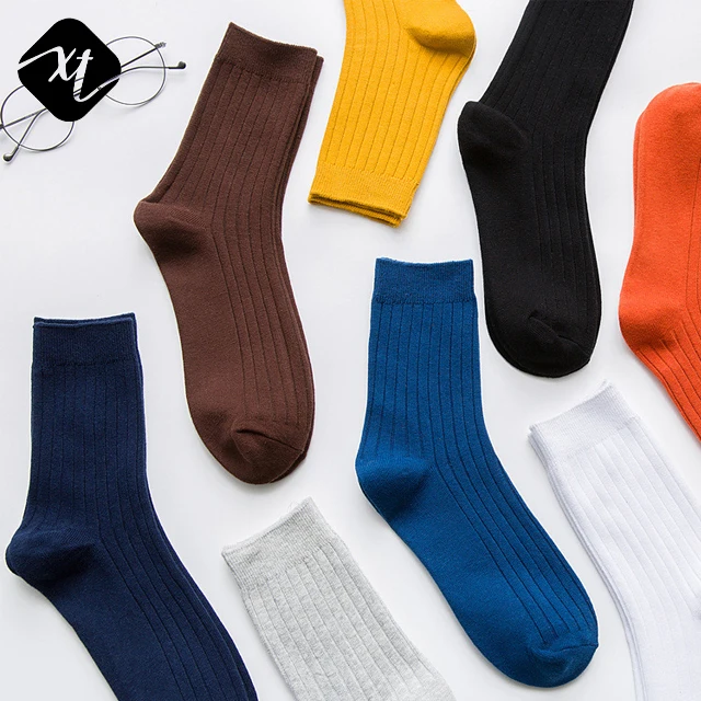 10 Colors Classic Dress Double Needles Solid Color Mens Business Crew Cotton Socks