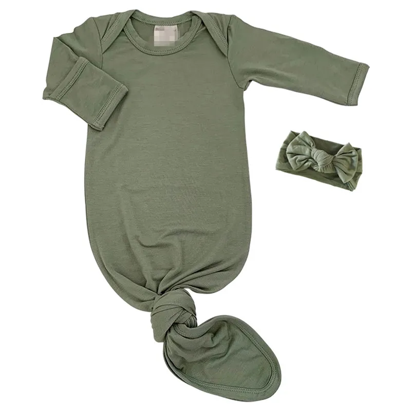 High quality sage sleeping bag jersey cotton lap shoulder knotted gown with bow hat set