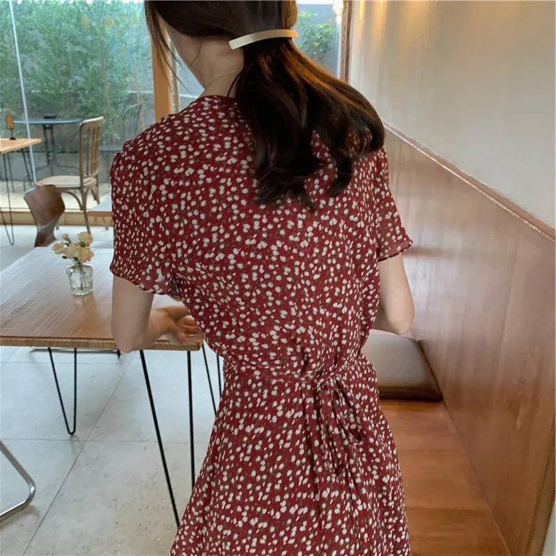 Summer hot sale Women v-neck short sleeves full lined dress Chiffon fabric dress