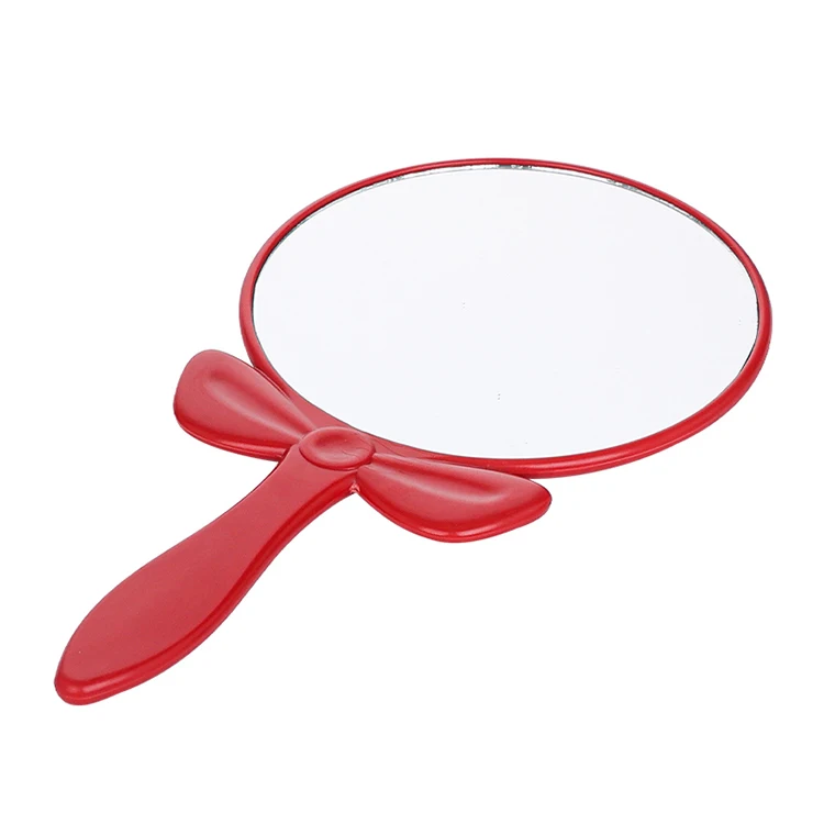 custom design women portable compact circle handheld glass mirror handle makeup mirror with red frame for bedroom