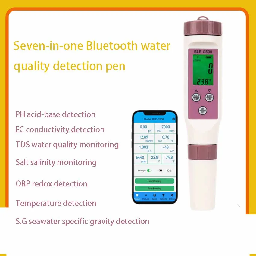 7-in-1 Bluetooth water quality tester APP controls ORPTDS salinity ph meter to detect laboratory aquariums