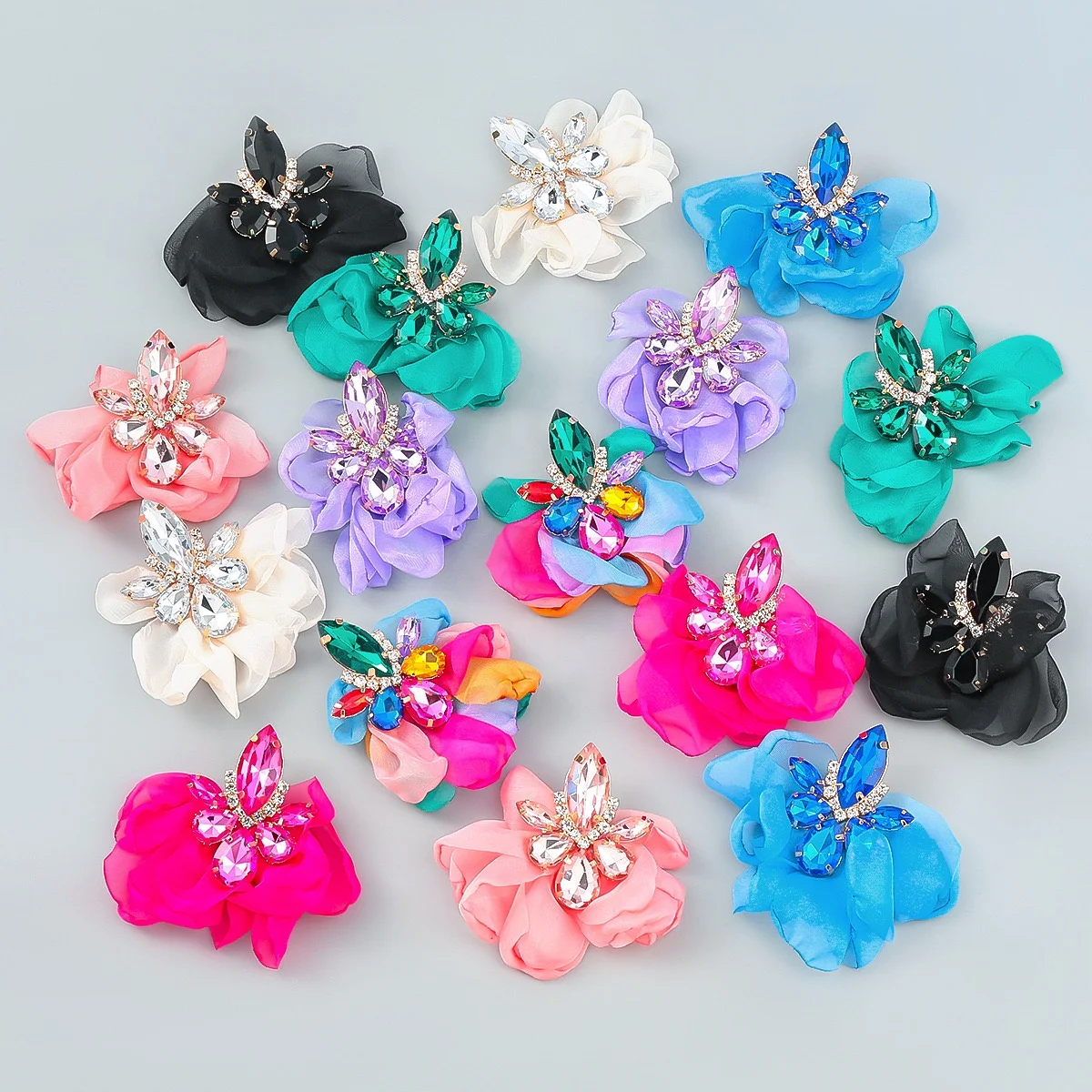 Drill claw welding earrings clip diamond chiffon flower big stud earrings summer new popular jewelry earrings wholesale