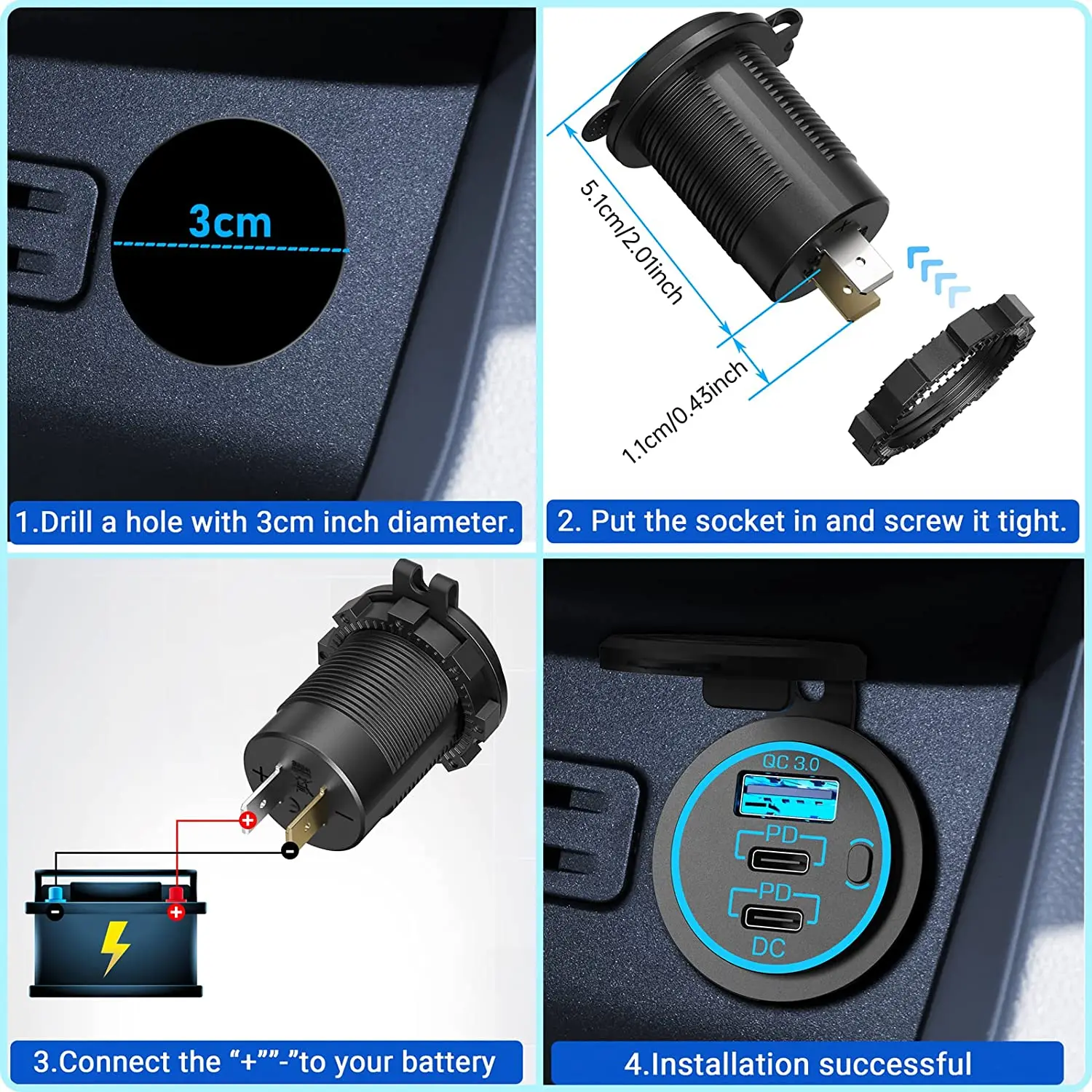 3 Ports USB C Car Charger Socket USB 12V/24V Outlet, Dual 20W PD Type C & 18W QC 3.0 with Button Switch