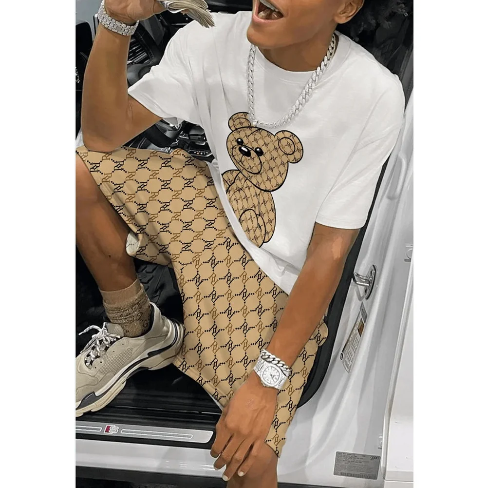 2022 summer Fashion bear Print short Men Clothing two pieces Casual short sets 2 piece suit  t shirt and shorts  4xl plus size