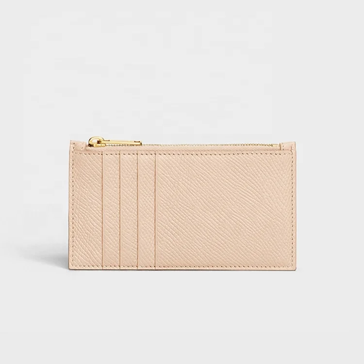 Custom Logo Nude Women Multi Card Slots Zipped Compact Leather Small Card Holders Epsom Leather Zip Cardholder Wallets