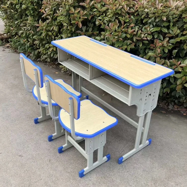 2022 New Design Style School  Furniture University Student Desk and Chair Double Seat Table Chair Set