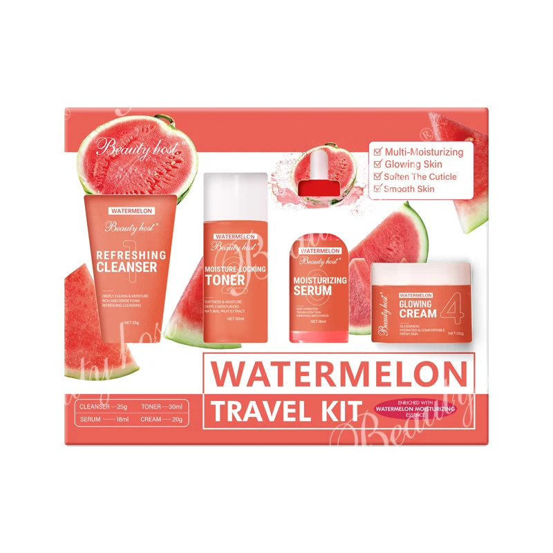 Moisturizing Smoothing Watermelon Skin Care Set Travel Kit 4PCS Face Cleanser Toner Serum Cream