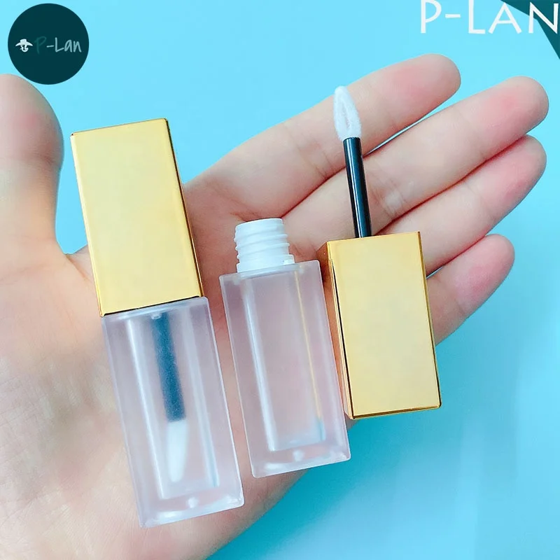 P-Lan Brand Stock 100pcs 5ml Gold Top Frosted Lip Tint Bottle Square Custom Packaging Lip Gloss Tubes With Applicator