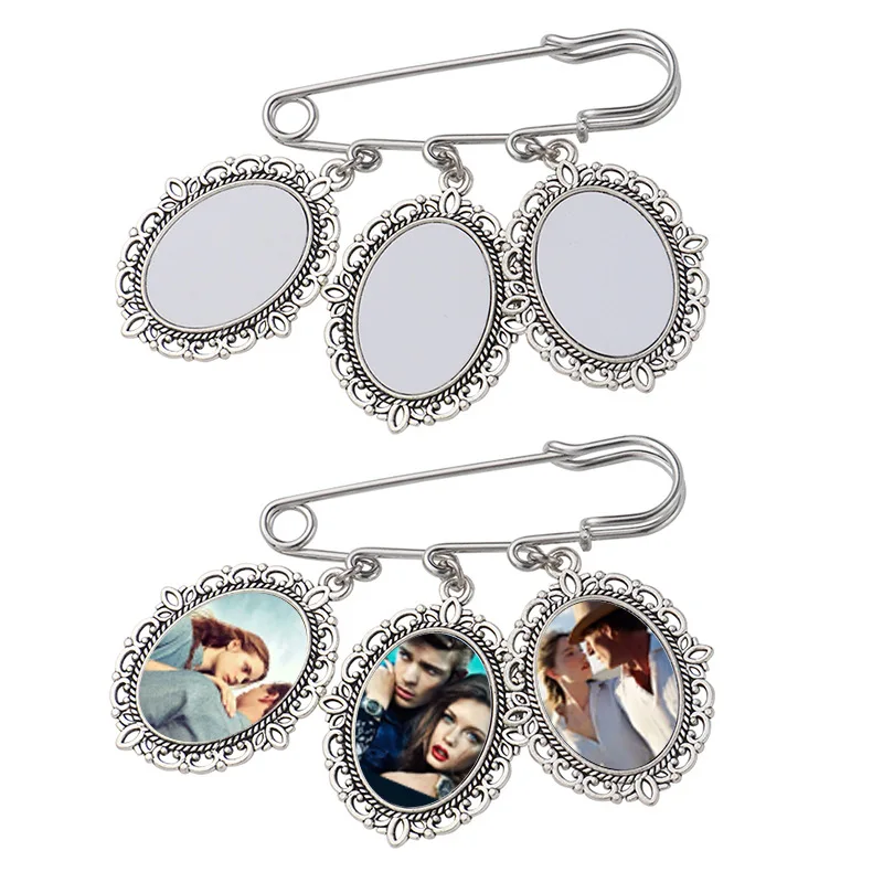 Sublimation Blanks Custom Wedding Bouquet Photo Charms Memorial Picture Pin Brooch For Bridal Wedding Party