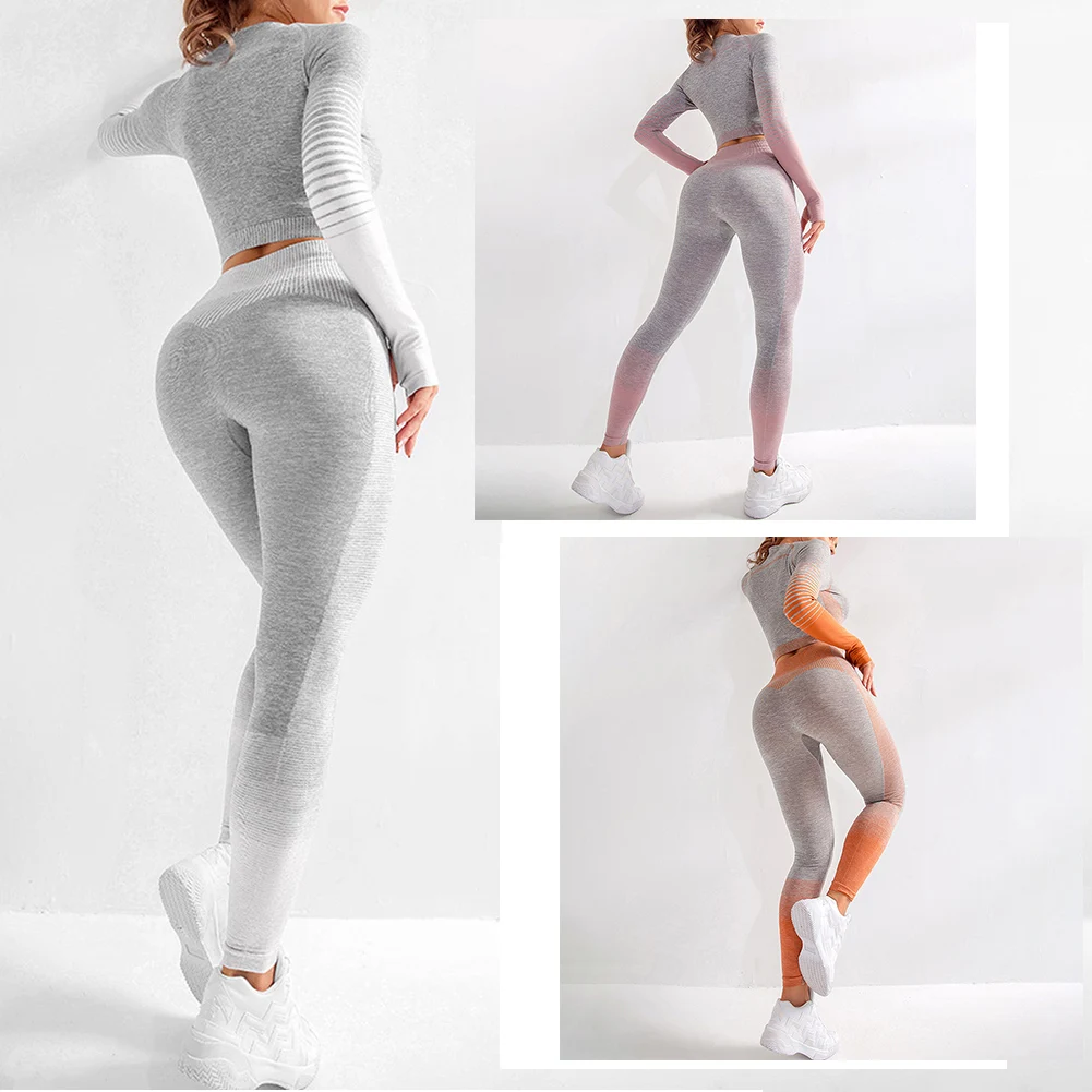 
Custom Logo Short Long Sleeve Crop Tops Two Piece Set High Waist Fitness Yog Wear Seamless Yoga Set 