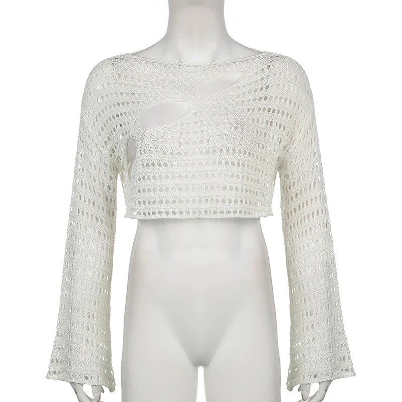 Custom vintage casual sexy crochet sweaters hollow out crop top knitted pullover sweater women