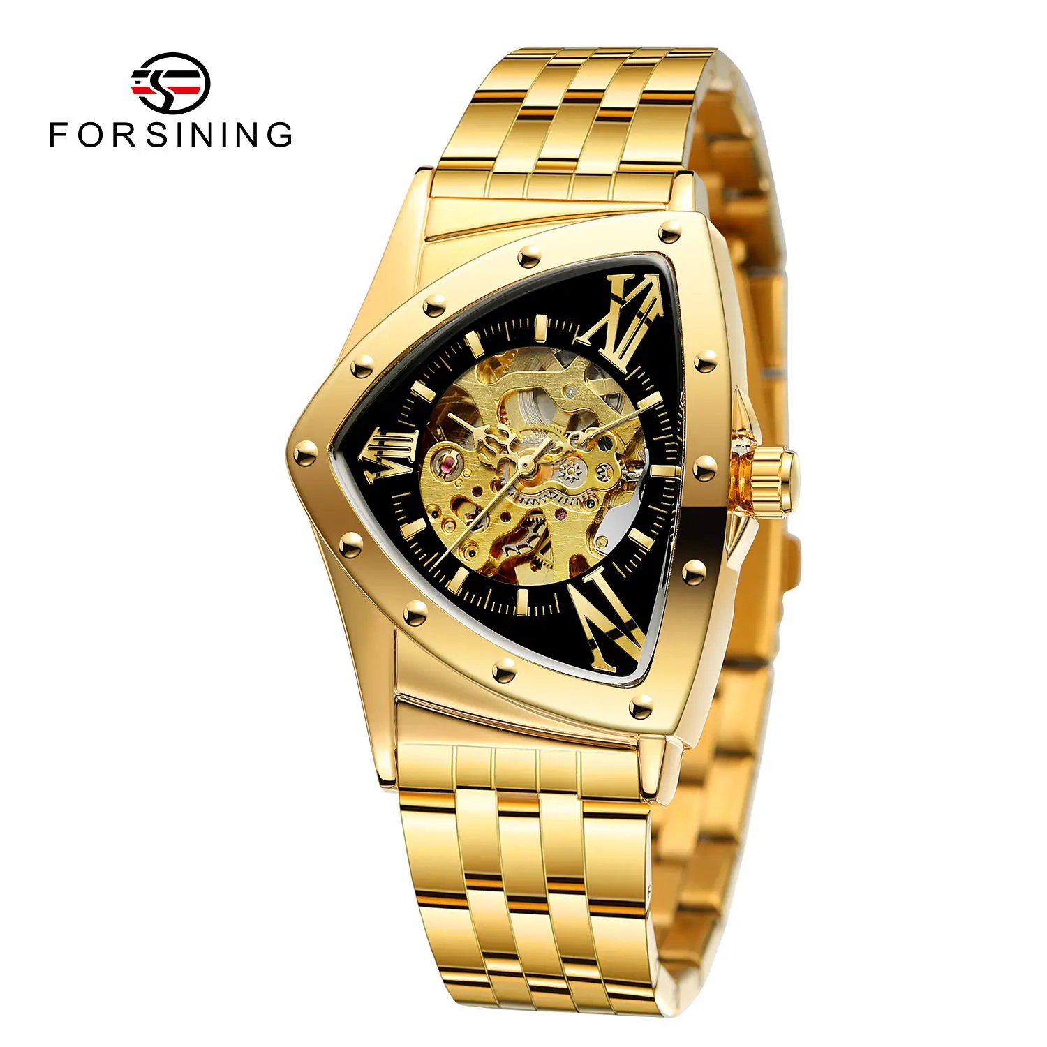 FORSINING 8242 unique China gents mechanism watch exclusive Stainless steel Strap triangle auto skeleton mechanical  wristwatch