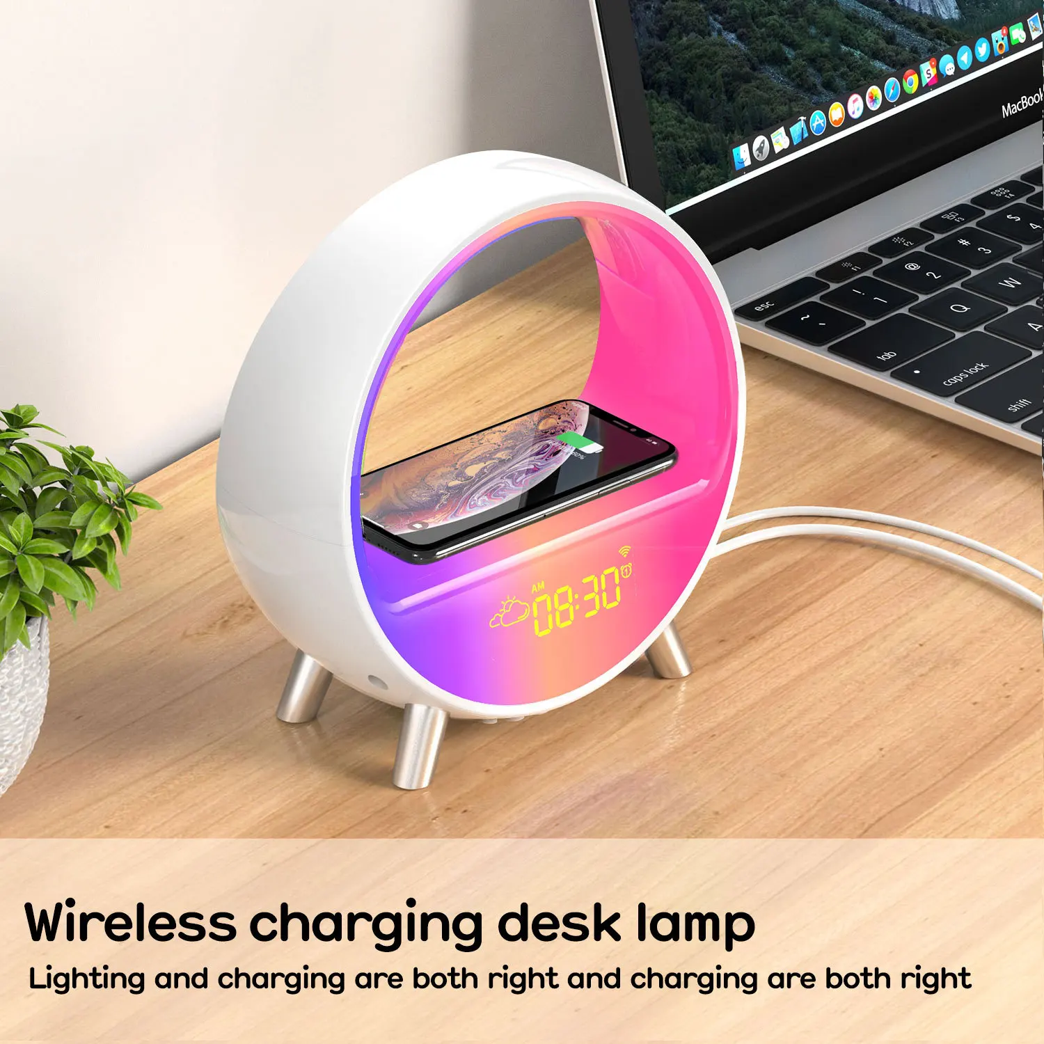 Banqcn Sunset Wake Up Charger Speaker Alarm Clock Wireless Wifi App Control Desk Rgb Adjustable Night Light