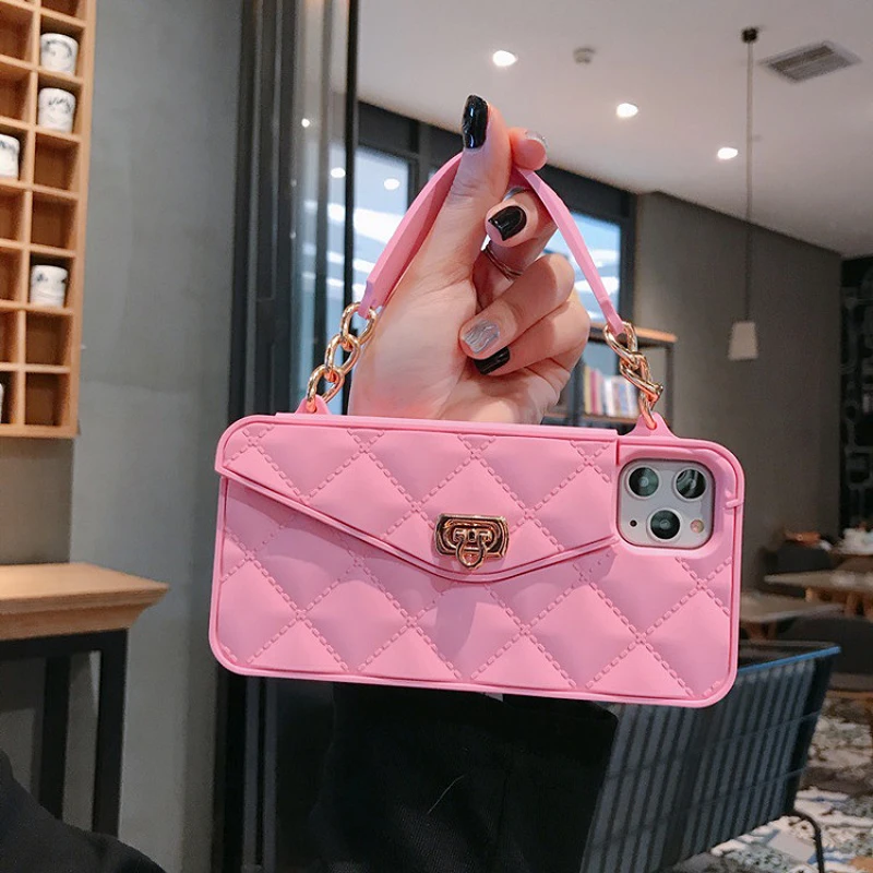 Girly crossbody purse phone case mobile back cover luxury designer silicon wallet phone case strap For iPhone 13