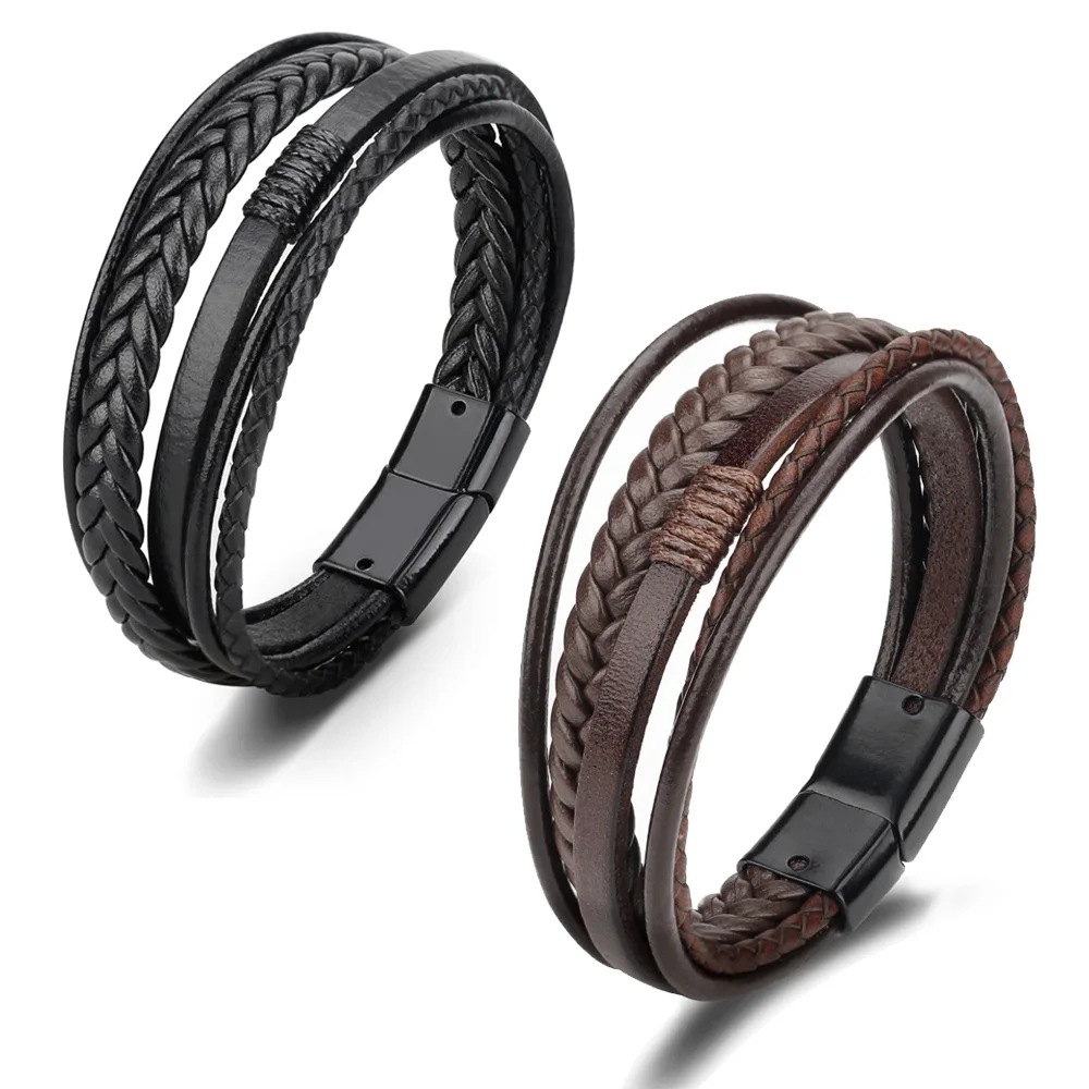 Trendy Genuine Leather Bracelets Men Stainless Steel Multilayer Braided Rope Bracelets for Male magnet lock Bracelets Jewelry