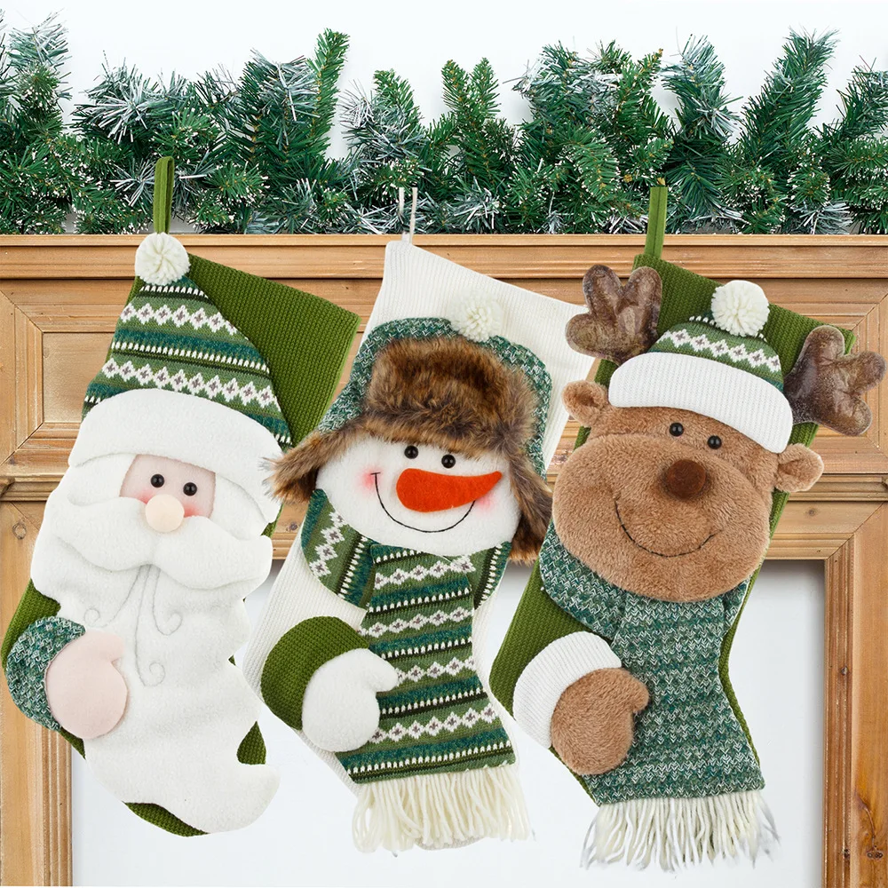White Christmas Large Green Santa Claus Snowman Felt Knit Fur Wholesale Christmas Stockings