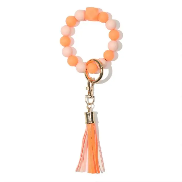 Wristband Keychain Wristlet Bangles Holder Pendant Fluorescent Tassel Key Chain Wrist Keyring Silicone Bead Bracelet