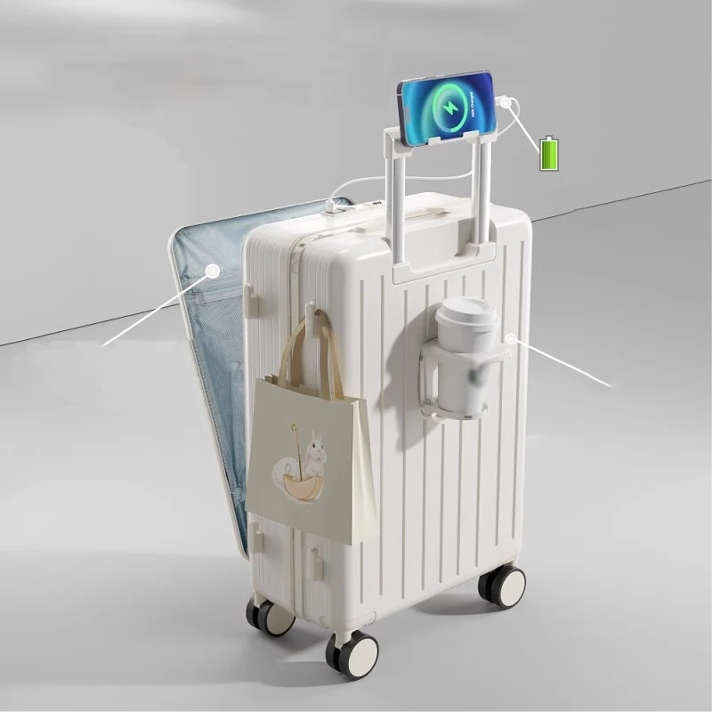 20232023 Hot Selling Hard Large Travel Suitcase with cup holder and USB charging Custom Front Open Luggage