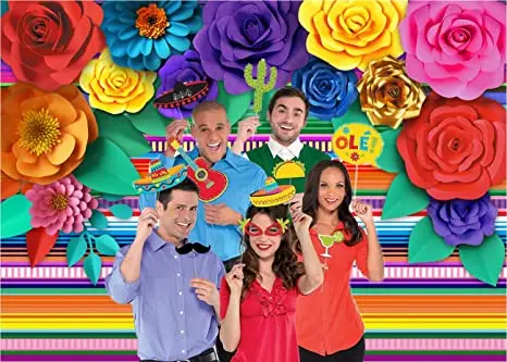 Mexican Theme Party Striped Backdrop Paper Flowers Background Party Decoration for Cake Table Decor Photo Booth Fiesta