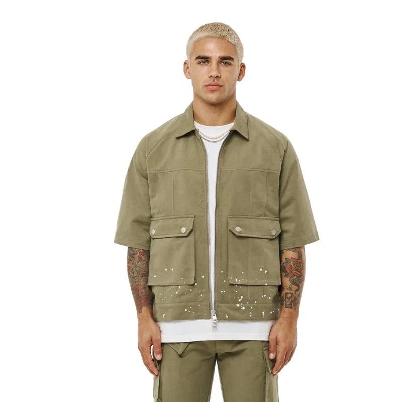 KY Splashing Short Sleeve Shirt Ink Zip up Shirt Cargo Pants Mens Pockets Men Pants and Shirt Sets