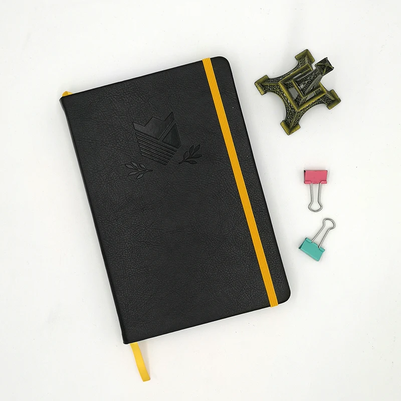 Round Corners Gold Elastic Closure Strap Logo Debossed Hardcover PU Vegan Leather Custom Agenda A5 Notebook Journal Printing