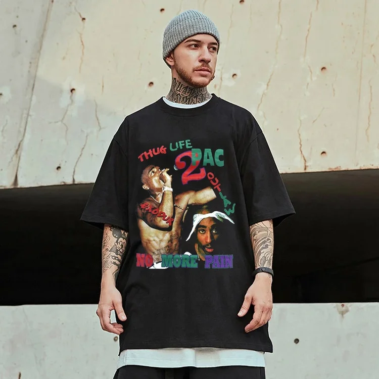 
Dropshipping Custom T shirt Printing 100% Cotton Round Collar Vintage Tupac Travis Scott Hip Hop Oversized T-shirt 