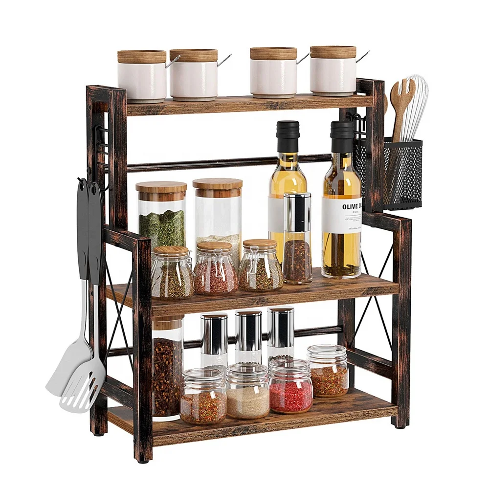 Spice Rack Organizer 3 Tier Kitchen Bathroom Countertop Storage Shelf with Wire Basket and 2 Hooks Standing Wood Racks Storages