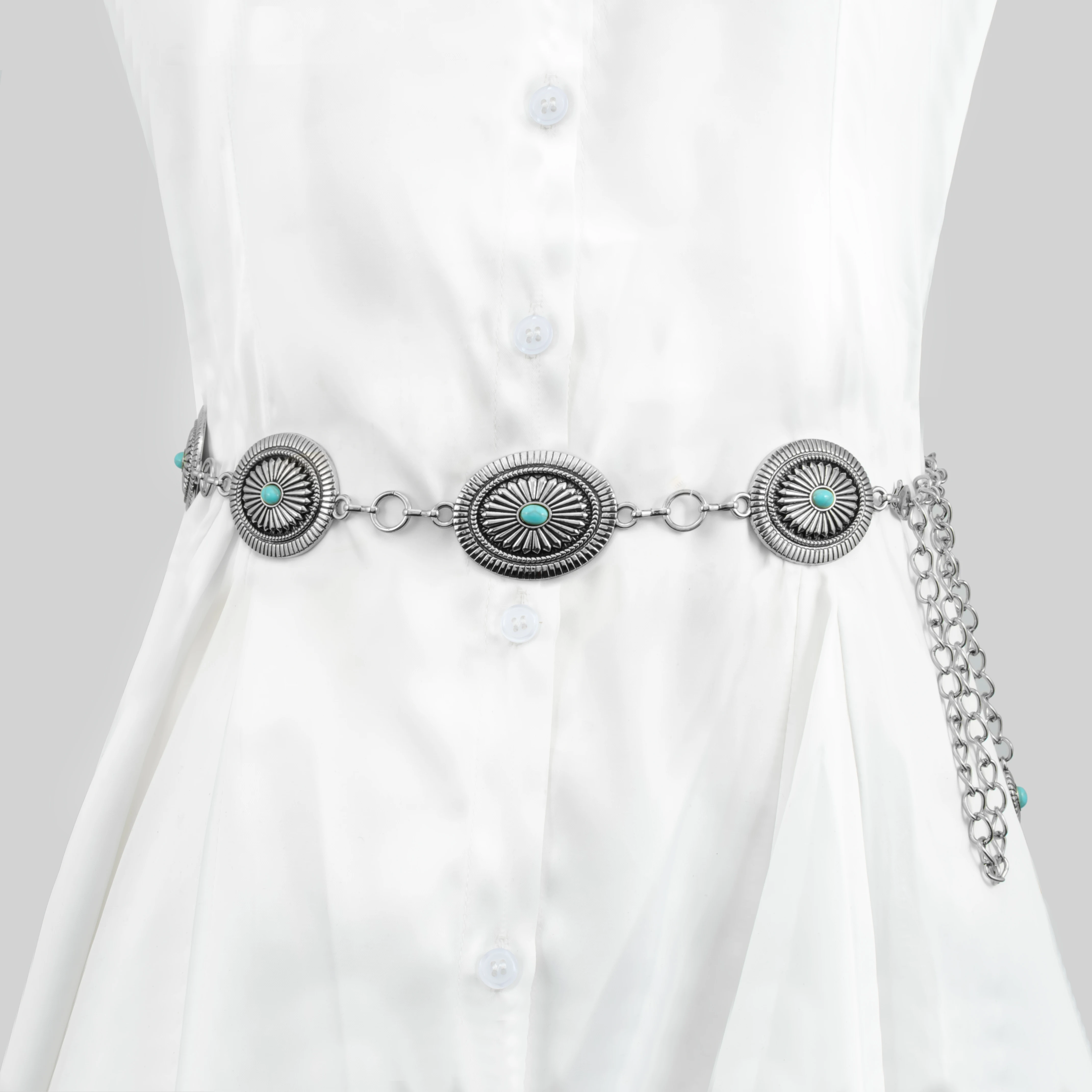 Women Western Chain Belt Adjustable Turquoise silver Metal Waist Chain Belt for Dresses