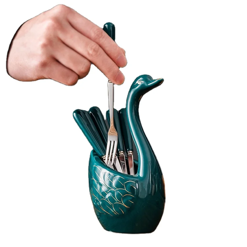 Cutlery Set Tableware Spoon Fork with Ceramic Swan Stand Holder Dinnerware Kitchen Dinner Set Fruit Forks