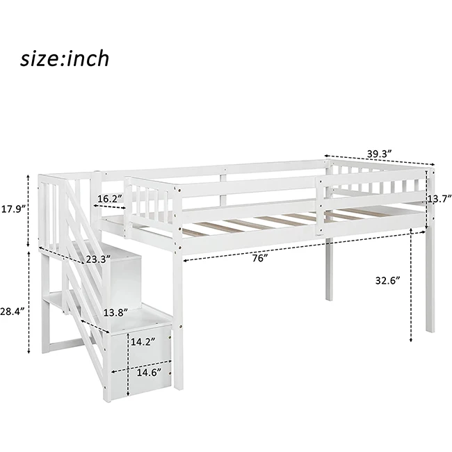 Creative Design Floor Loft Wooden Kid Beds White Pine Wood Twin Low Loft Bed with Stairs and Storage for Children