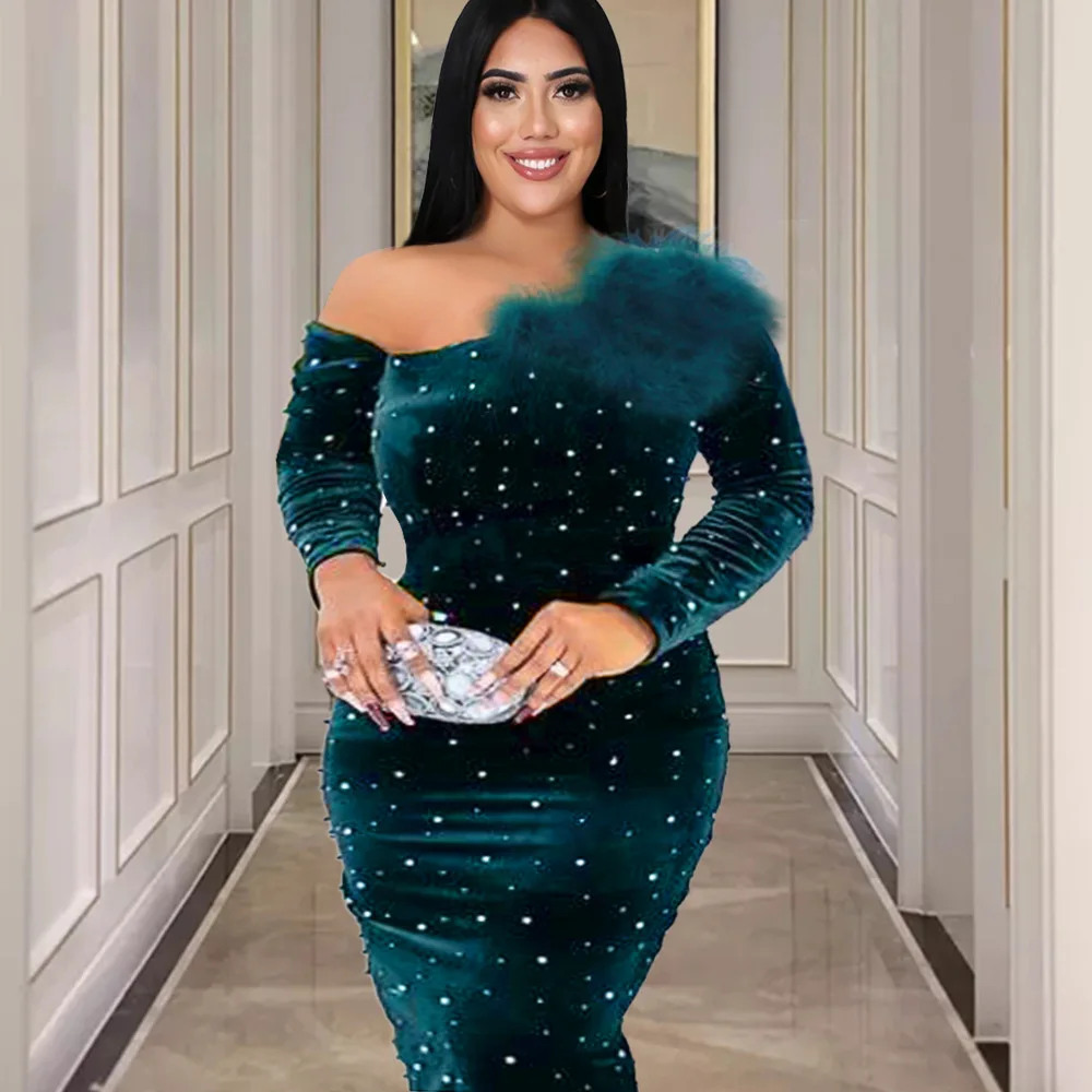 Plus Size Women Fall Banquet Dress 2022 Sexy One Shoulder Sequin Velvet Feathers Evening Dress Elegant Prom Party Evening Dress