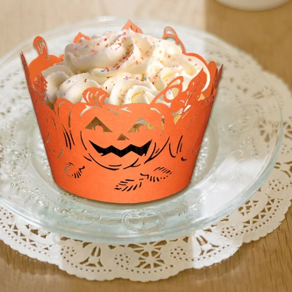DIY Hollow out Halloween Lace Pumpkin Face Cupcake Wrappers and Toppers Lace Liner Baking Cake Paper Cup Wraps for Halloween Par