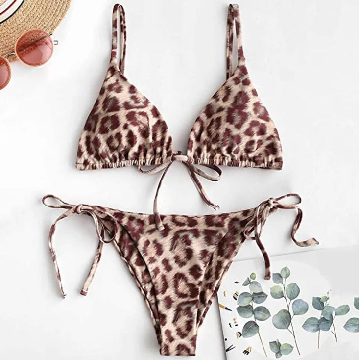  2021 Mature Women Open Sexy String Triangle Bikini Set Animal Print Bandage Swim suits
